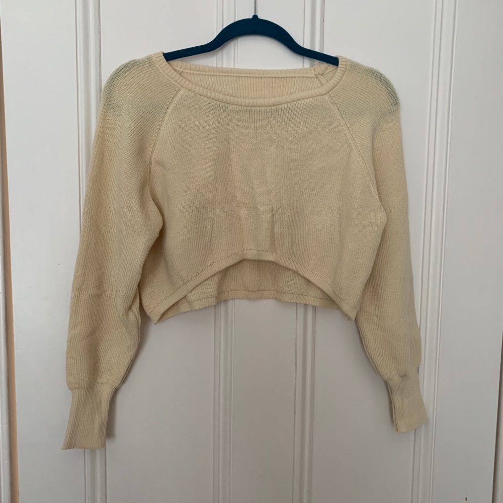 Cream Long Sleeve Cropped Knit Sweater